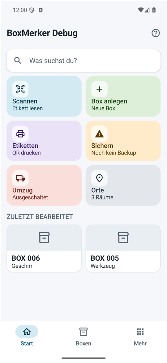BoxMerker-Startseite mit Suche, Schnellaktionen und zuletzt verwendeten Boxen.